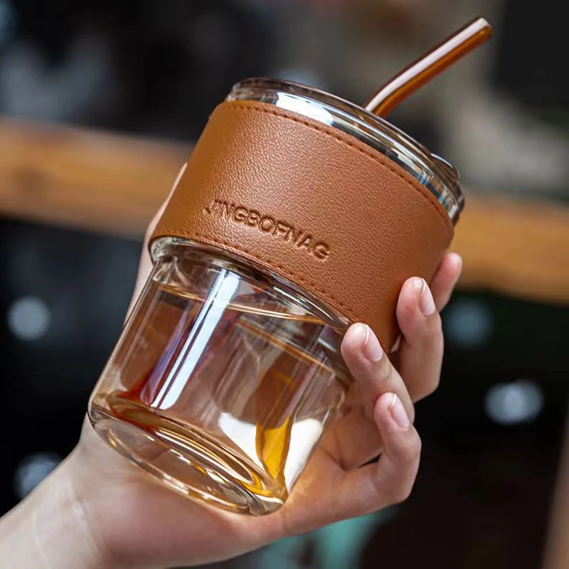 爆款便携INS风竹节杯加厚玻璃杯吸管杯带盖吸管大容量咖啡牛奶杯