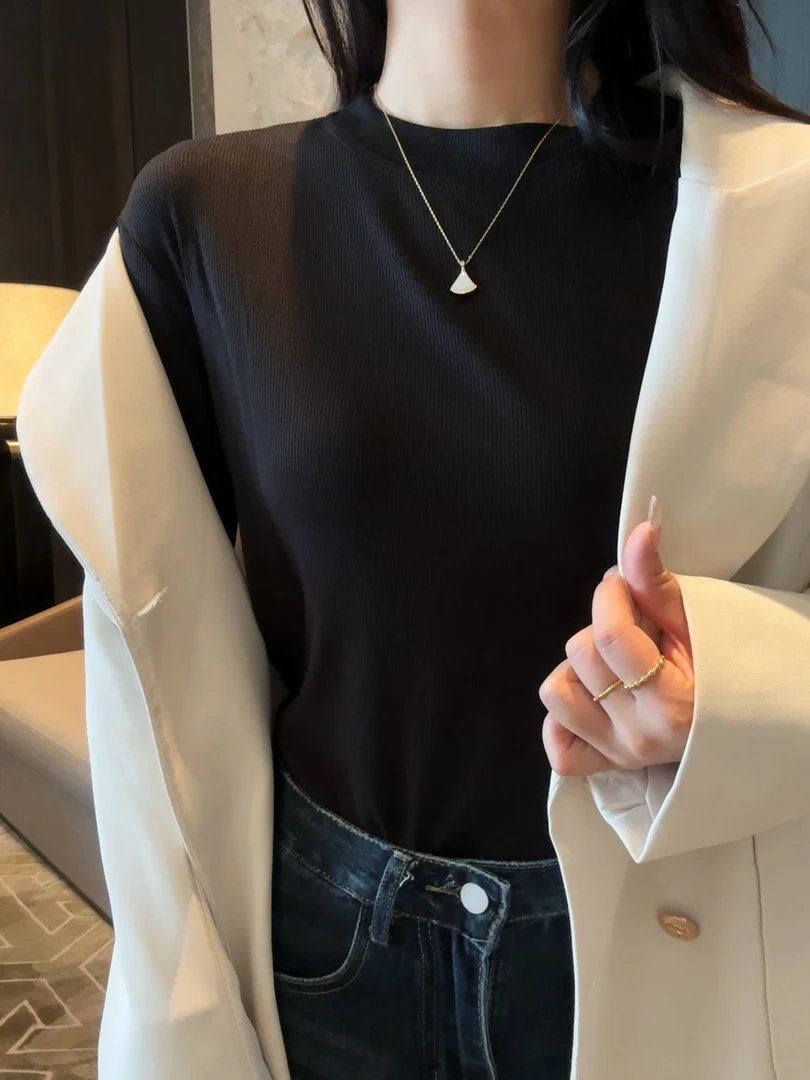 正肩长袖圆领打底衫T恤女小立领秋冬修身百搭显瘦螺纹针织上衣女