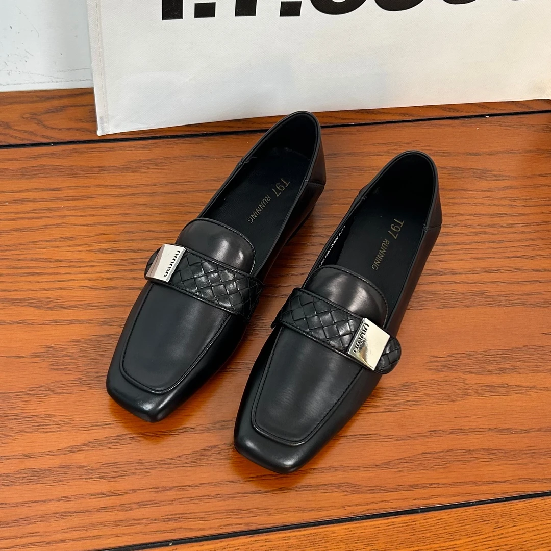 气质真皮乐福鞋女平底2024春秋季新款方头低跟时尚英伦风百搭单鞋