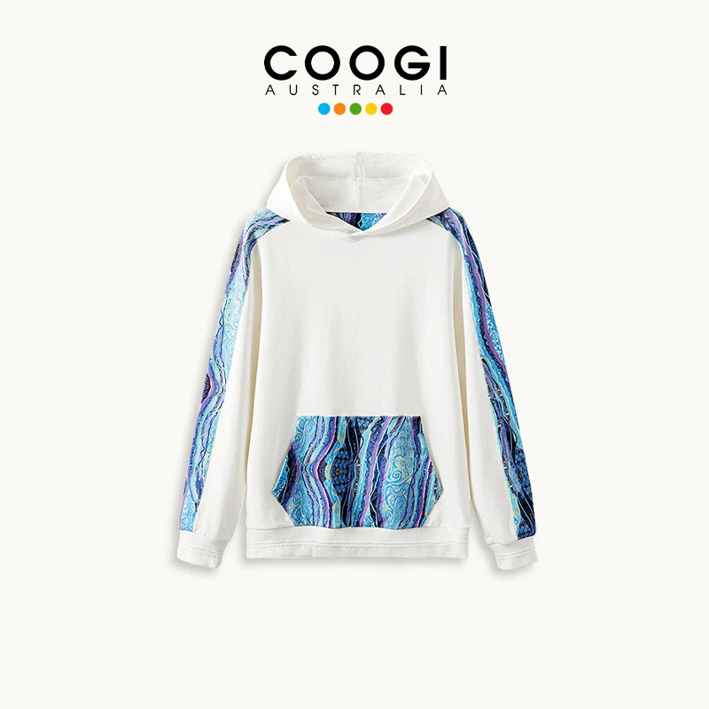 男装美式复古时尚潮牌印花蓝色撞色男士卫衣春秋连帽卫衣