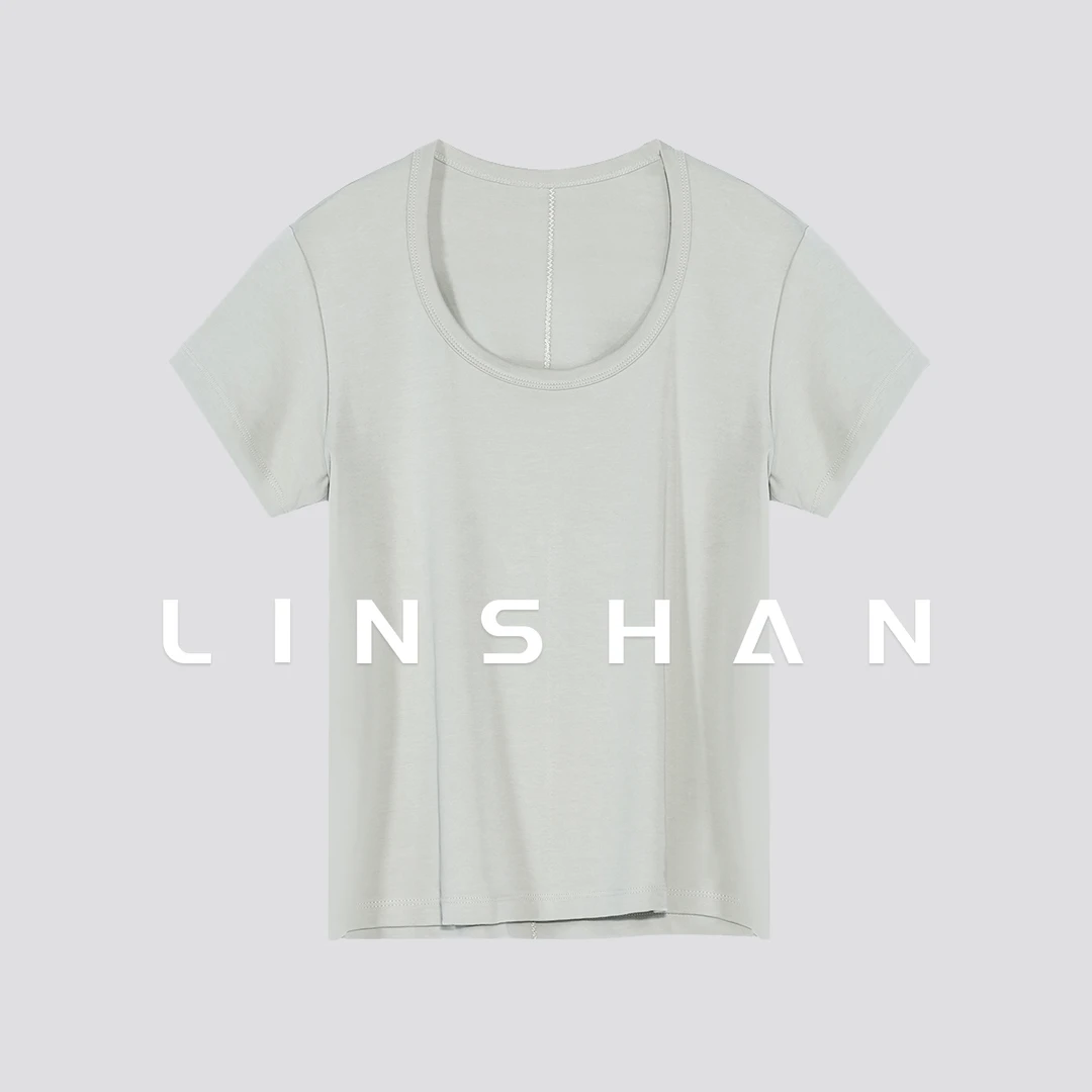 【直】HNLINSHAN  新款女显瘦修身纯色匹马棉水滴领袖短T23218101