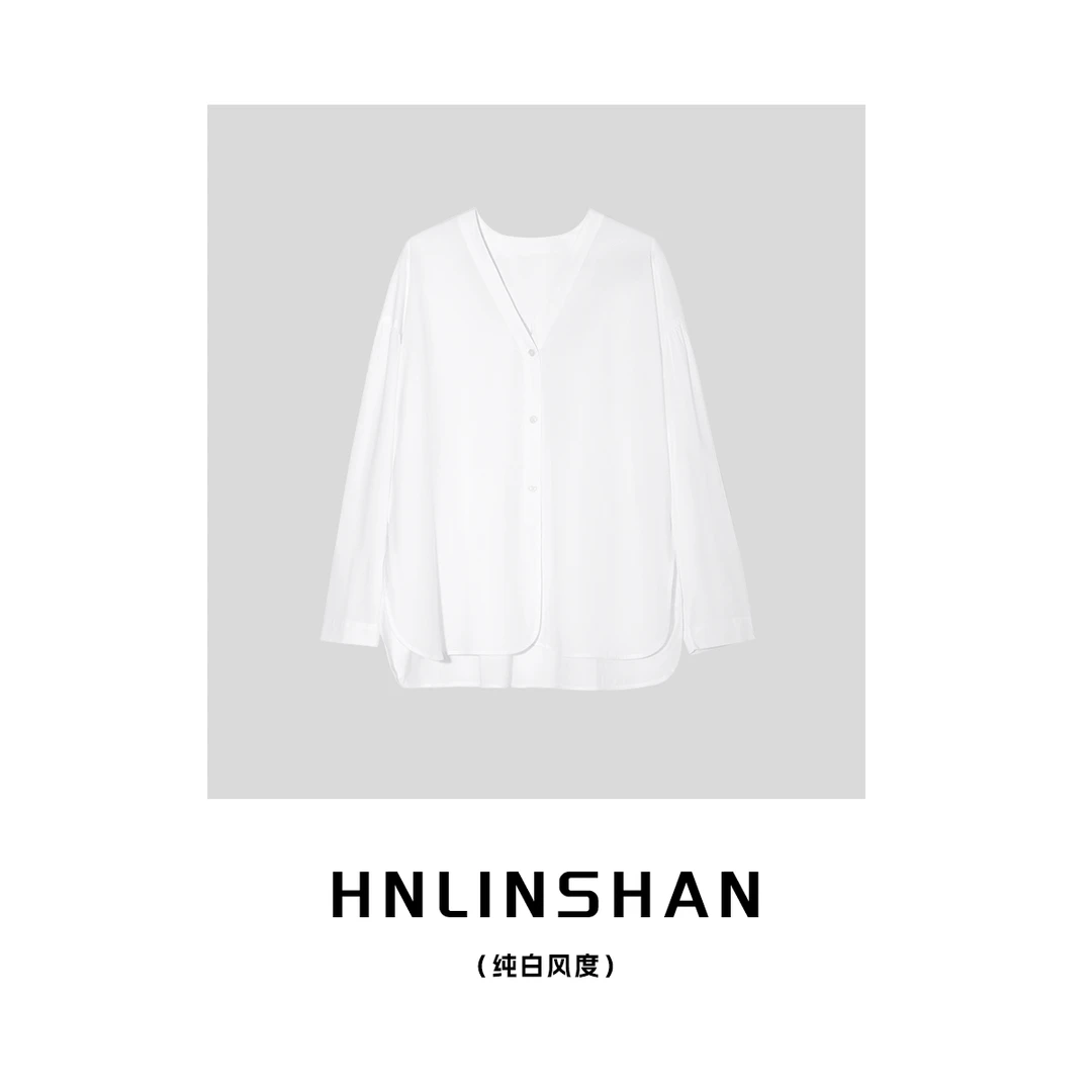 HNLINSHAN【纯白风度】宽松夏随性设计感v领长袖衬衣23316201