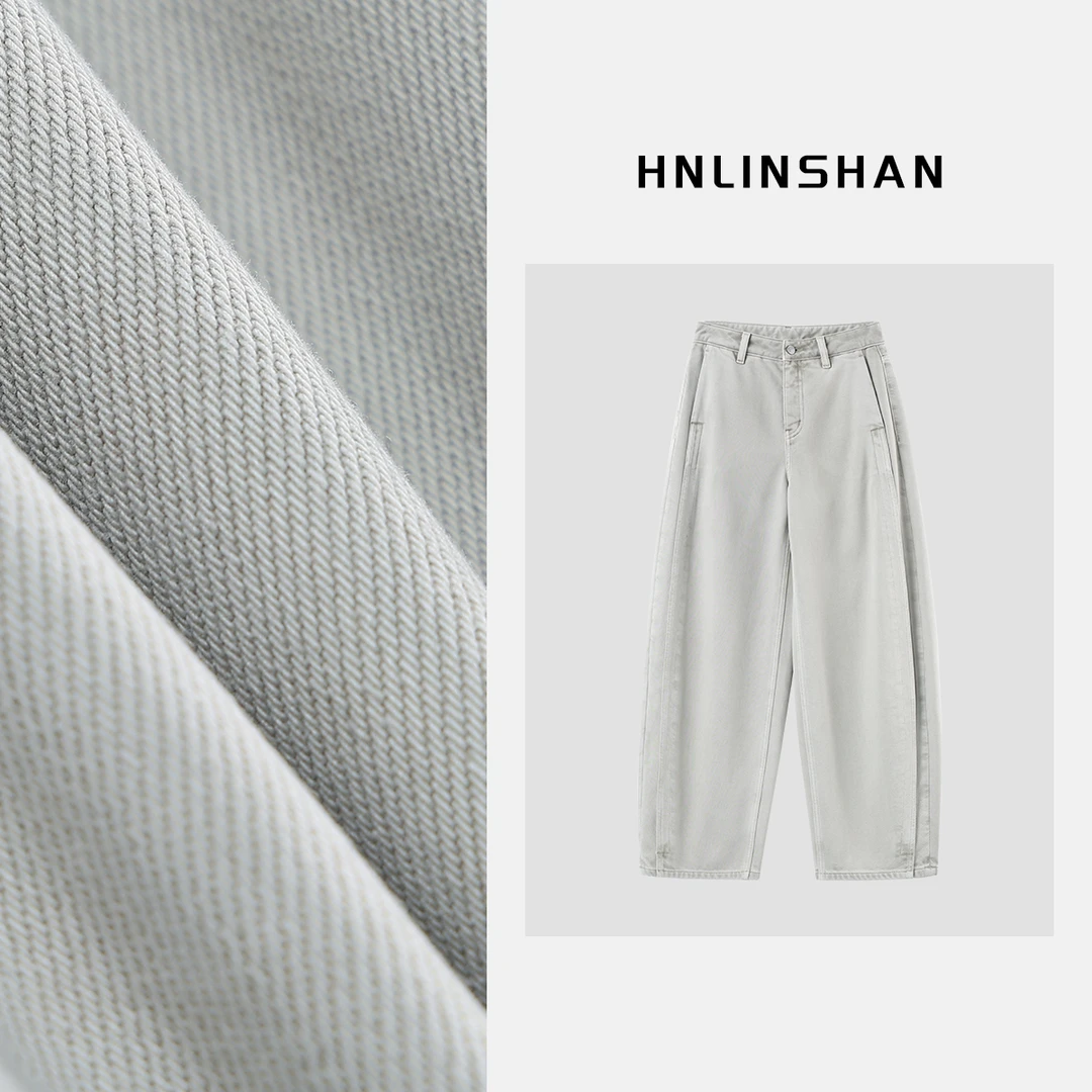 HNLINSHAN【松石】灰色结构线拼缝抓绒秋冬牛仔裤40422402