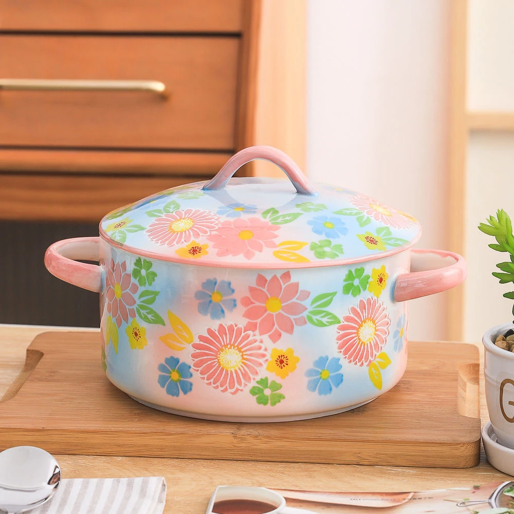 花海系列小清新高颜值家用陶瓷餐具9.5英寸双耳带陶瓷盖汤碗