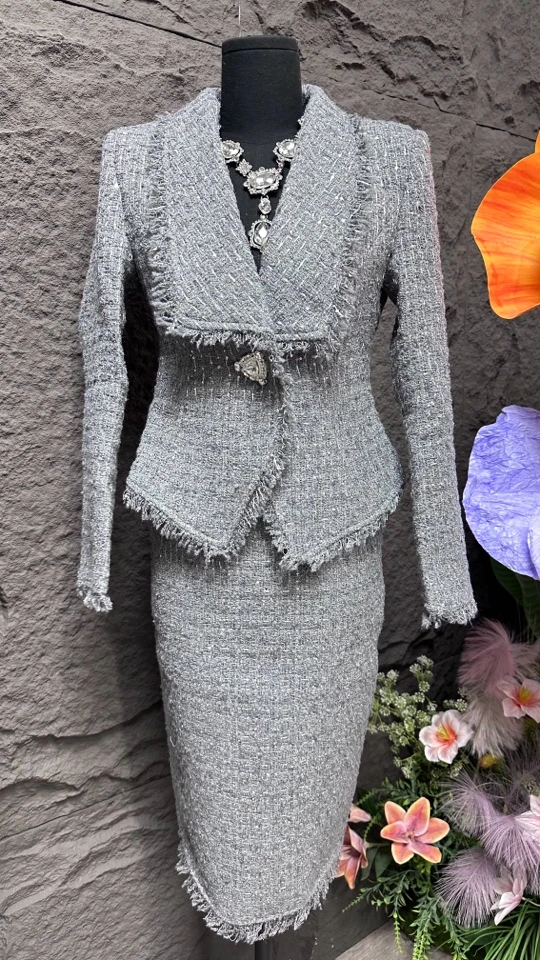 法式小香风大翻领长袖外套半身裙女秋季气质套装