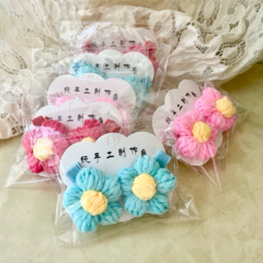 可爱儿童毛线针织花朵发夹立体设计女孩成人手工发饰