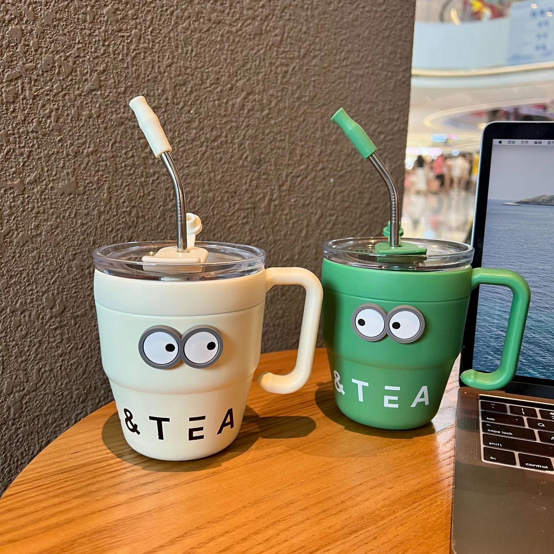 马克杯小清新不锈钢带盖INS风手柄款水杯吸管杯学生时尚风格杯子