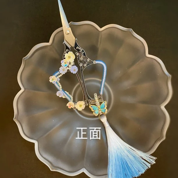 手工编制精致高档《青花瓷》复古精美茶道银胚双面超精编渐变茶剪