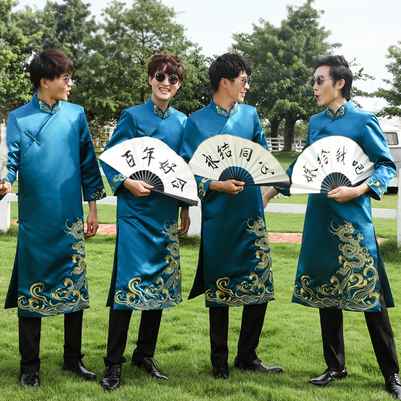 伴郎服中式结婚礼服兄弟团衣服接亲服装男士长袍搞笑大褂唐装马褂