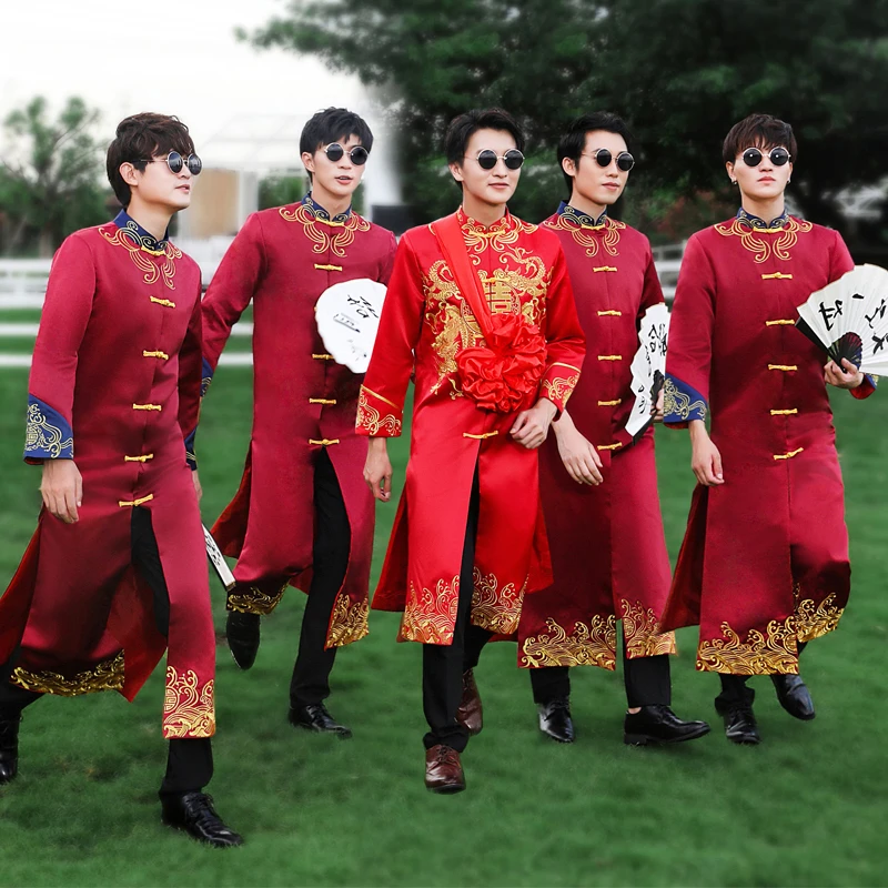 伴郎团服兄弟装中式婚礼伴郎服男中国风旗袍搞怪唐装相声大褂夏季