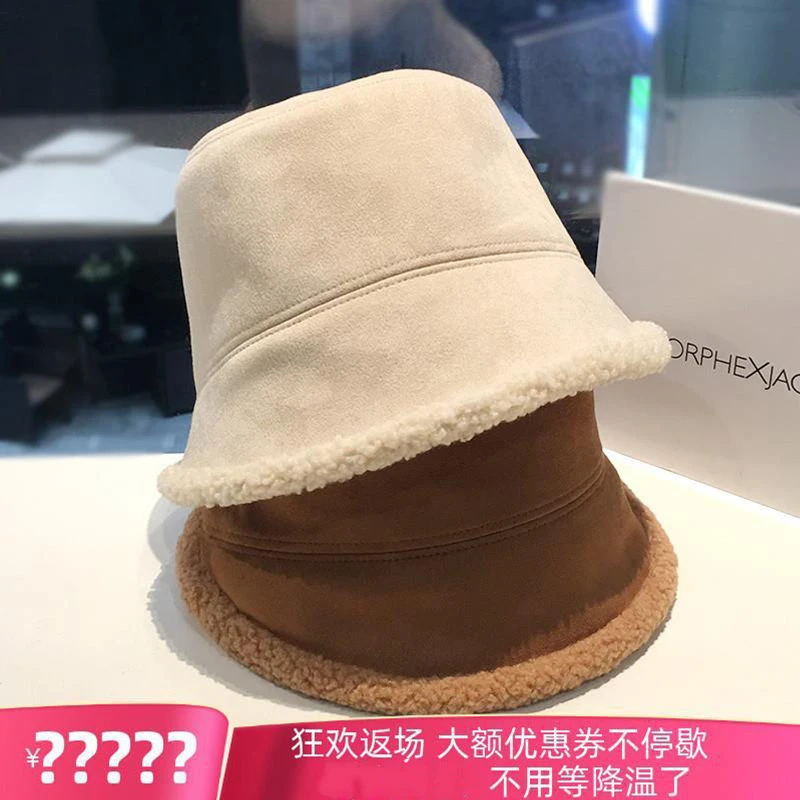 羊羔绒渔夫帽子女秋冬韩版百搭显脸小加绒保暖日系可爱双面戴盆帽