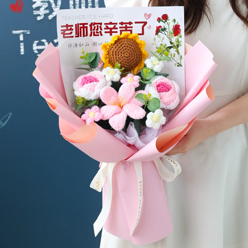 创意向日葵开花郁金香花束成品手捧花毛线花仿真花生日礼物送闺蜜