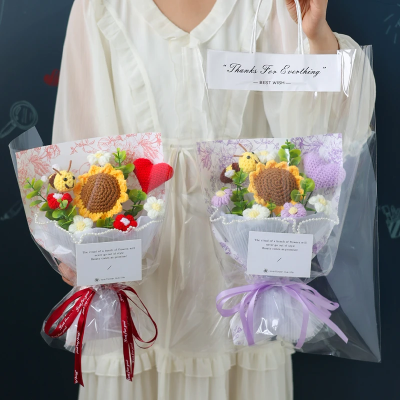 创意针织毛线花向日葵小蜜蜂卡通仿真花生日礼物永生花送闺蜜女友