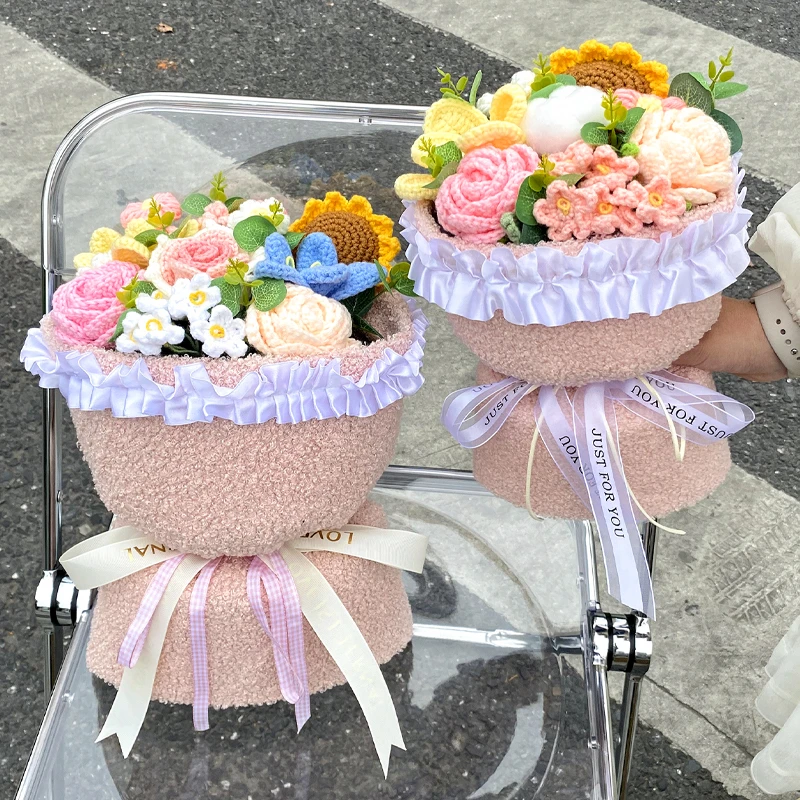 编织仿真花清新玫瑰向日葵花束针织创意毛线花生日礼物闺蜜女朋友