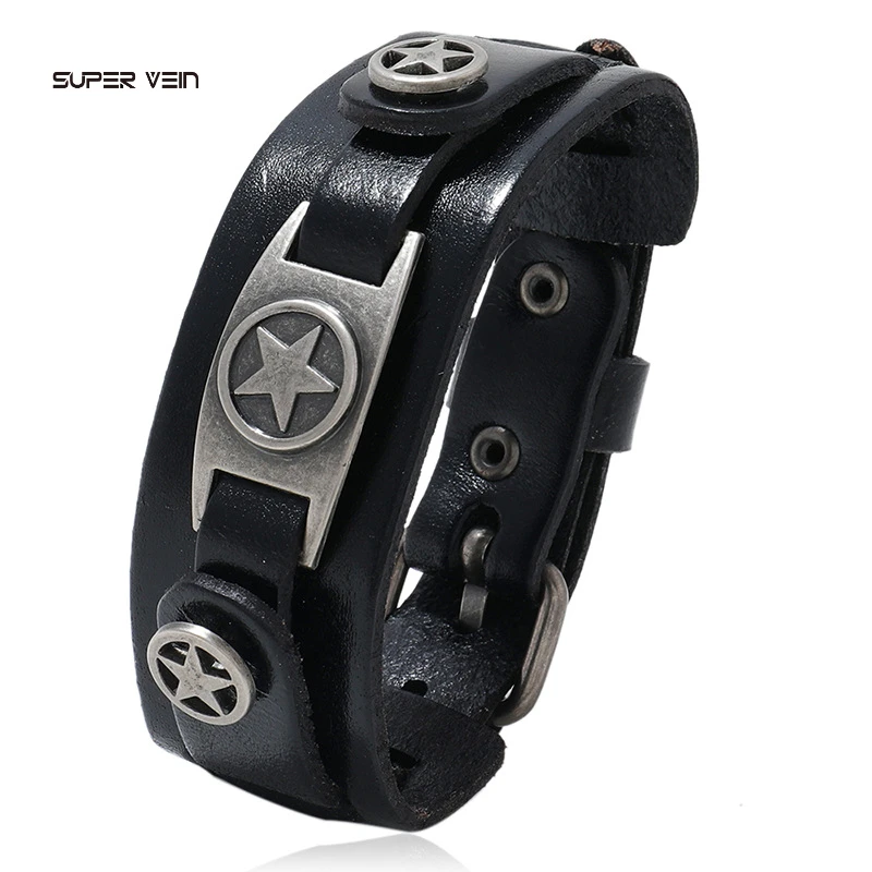super vein 合金皮质手链 复古五角星牛皮手链朋克多层男士手链