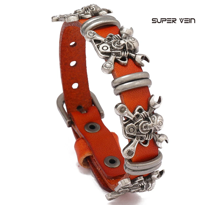 super vein 合金皮质手链 欧美时尚朋克牛皮手链个性潮流摇滚手环