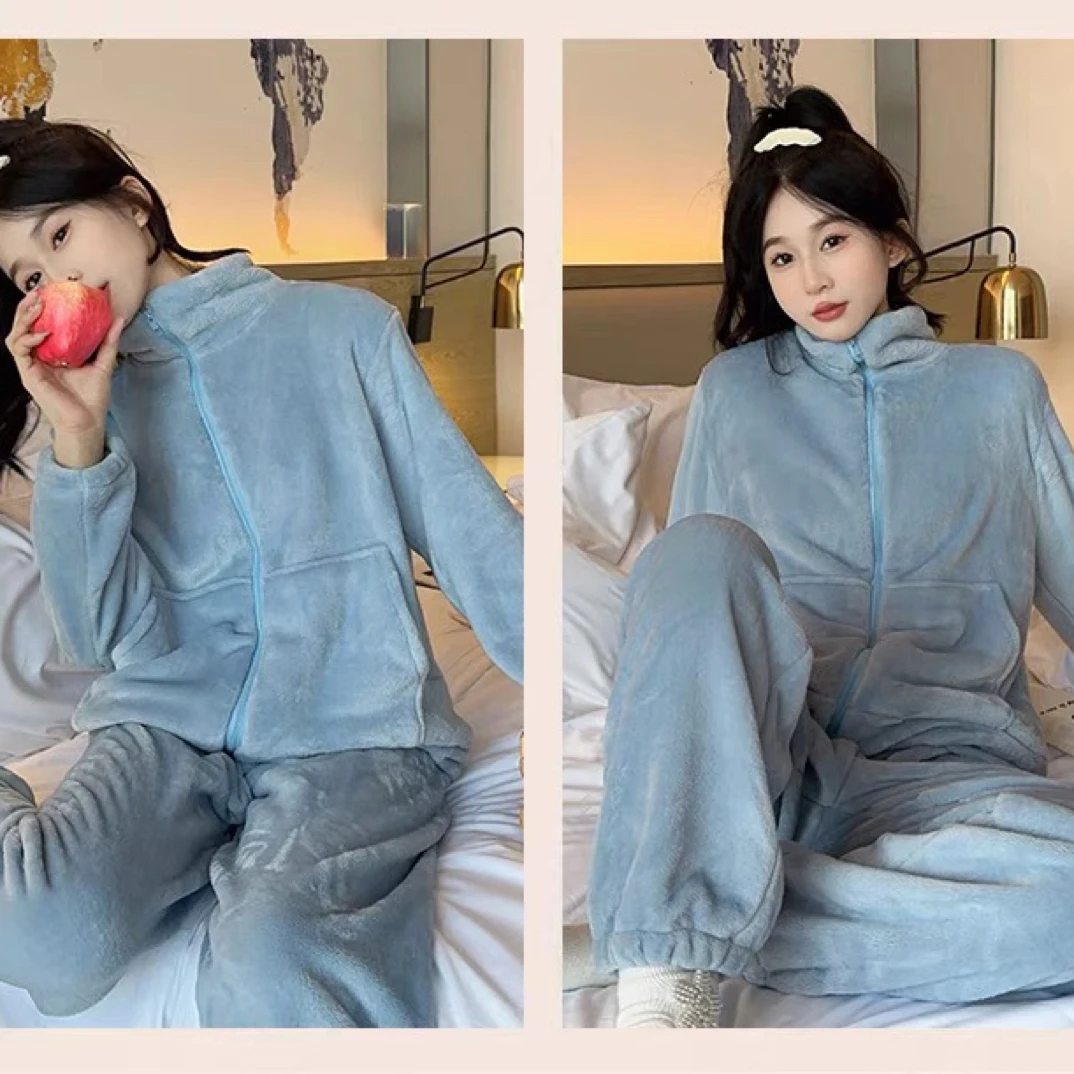 立领加绒睡衣女珊瑚绒保暖家居服可外穿长袖套装