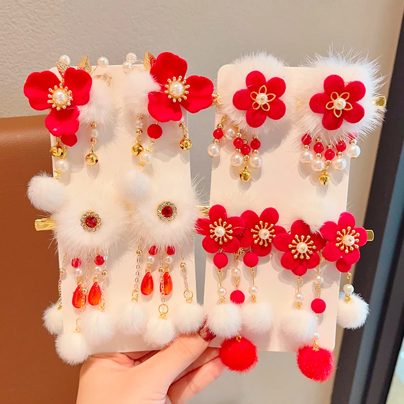儿童新年红色发夹女童汉服头饰女孩国风发卡宝宝过年发饰龙年夹子