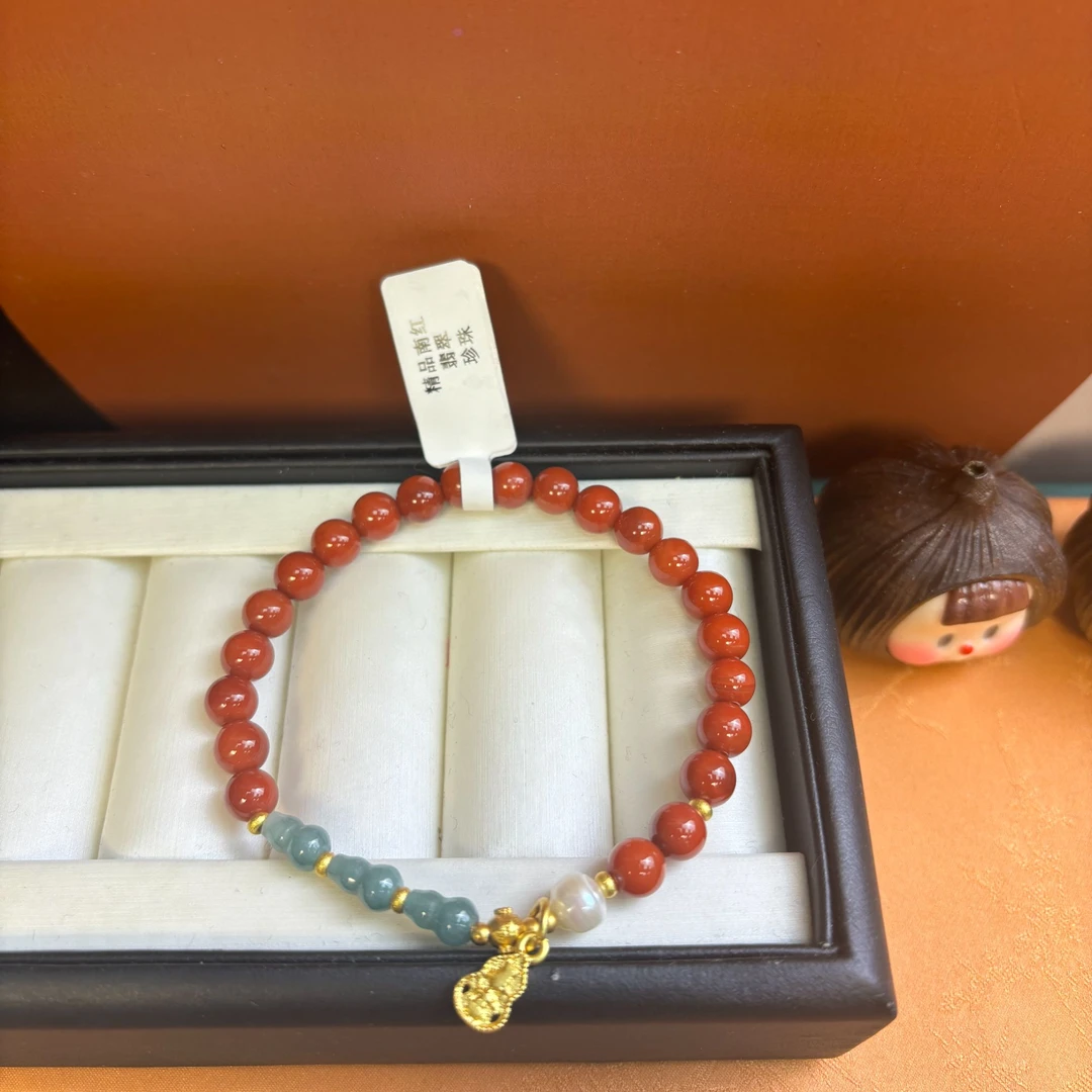 精品气质南红带葫芦状蓝翡珠及淡水珍珠点缀轻奢单圈手串  6MM