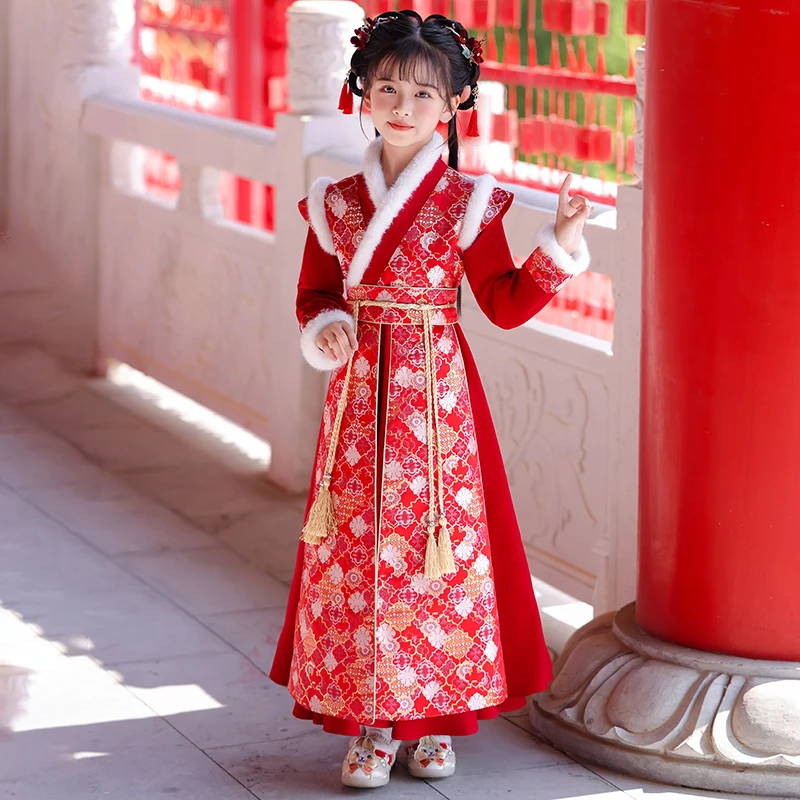 儿童唐装冬季新款宝宝拜年服红色喜庆小女孩中国风过年装加绒冬款
