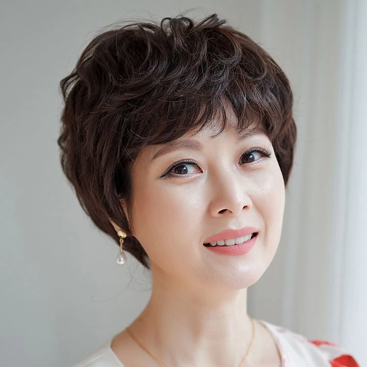 中老年假发女短发 真发自然蓬松饱满松短卷发妈妈整体全头假发套