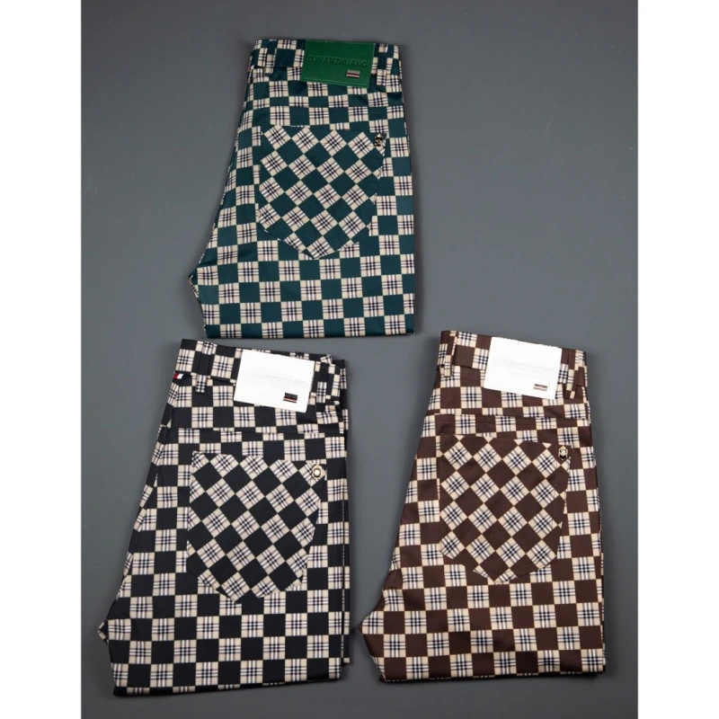 【正码】夏季轻奢冰丝欧货高端时尚休闲裤子男帅气百搭男士格子