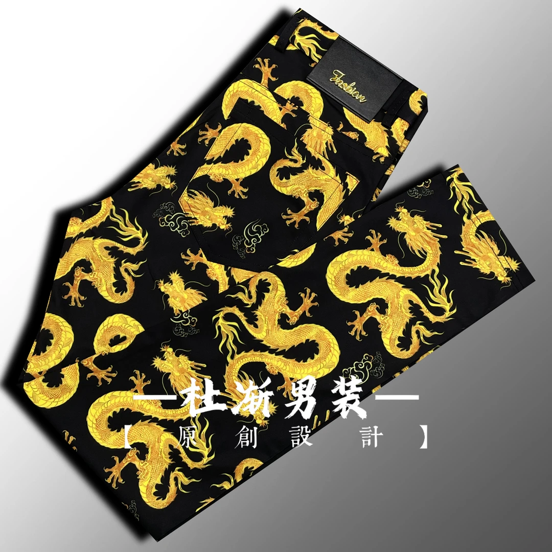 【正码】春夏冰感薄款时尚国风龙纹男裤透气弹力休闲裤小直筒裤822