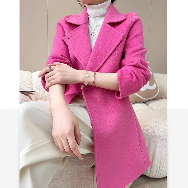 纯羊毛大衣玫红色秋冬赫本风小个子高端中短款外套双面呢U2325
