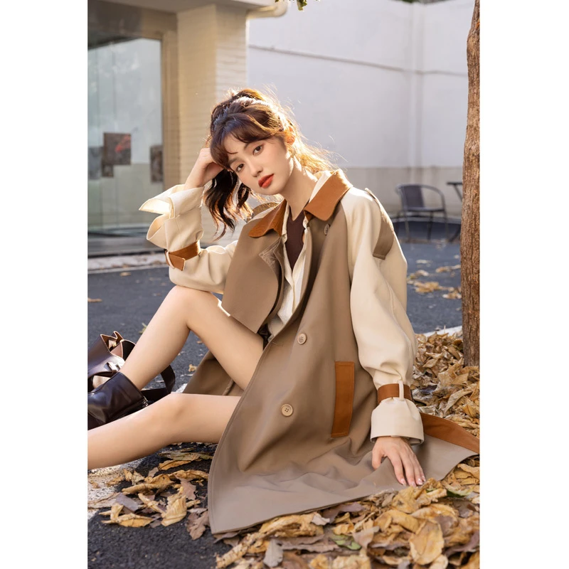 【年货节】谜秀秋冬气质卡其风衣小个拼接撞色百搭外套时尚设计感