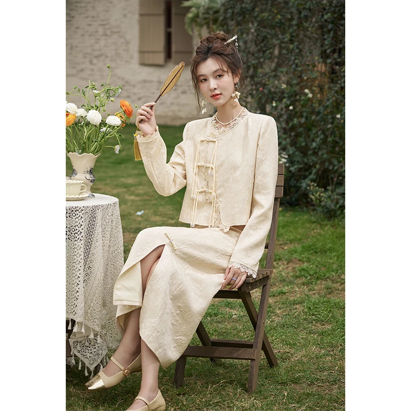 【年末大促】谜秀新中式蕾丝边长裙套装女短 款外套裙子两件套洋气