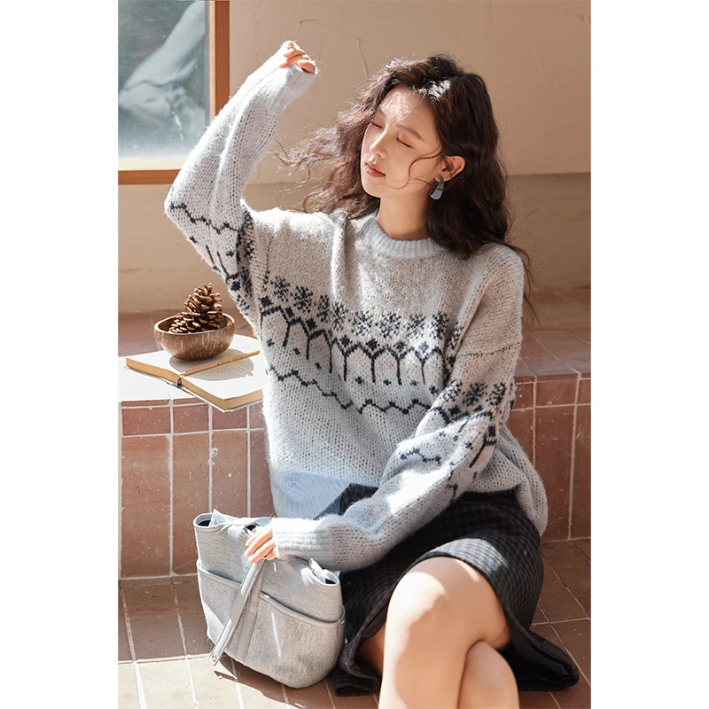 谜秀提花针织衫雪花几何图案复古针织衫毛衣上衣女秋冬长袖时尚