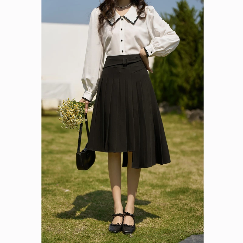 【年中大促】谜秀高腰中长款不规则半身裙女法式显瘦设计感百褶裙子