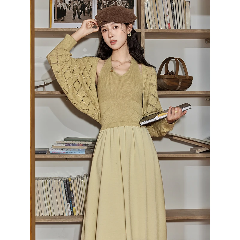 【年末大促】谜秀新品v领挂脖连衣裙+针织开衫配裙子外套上衣两件套