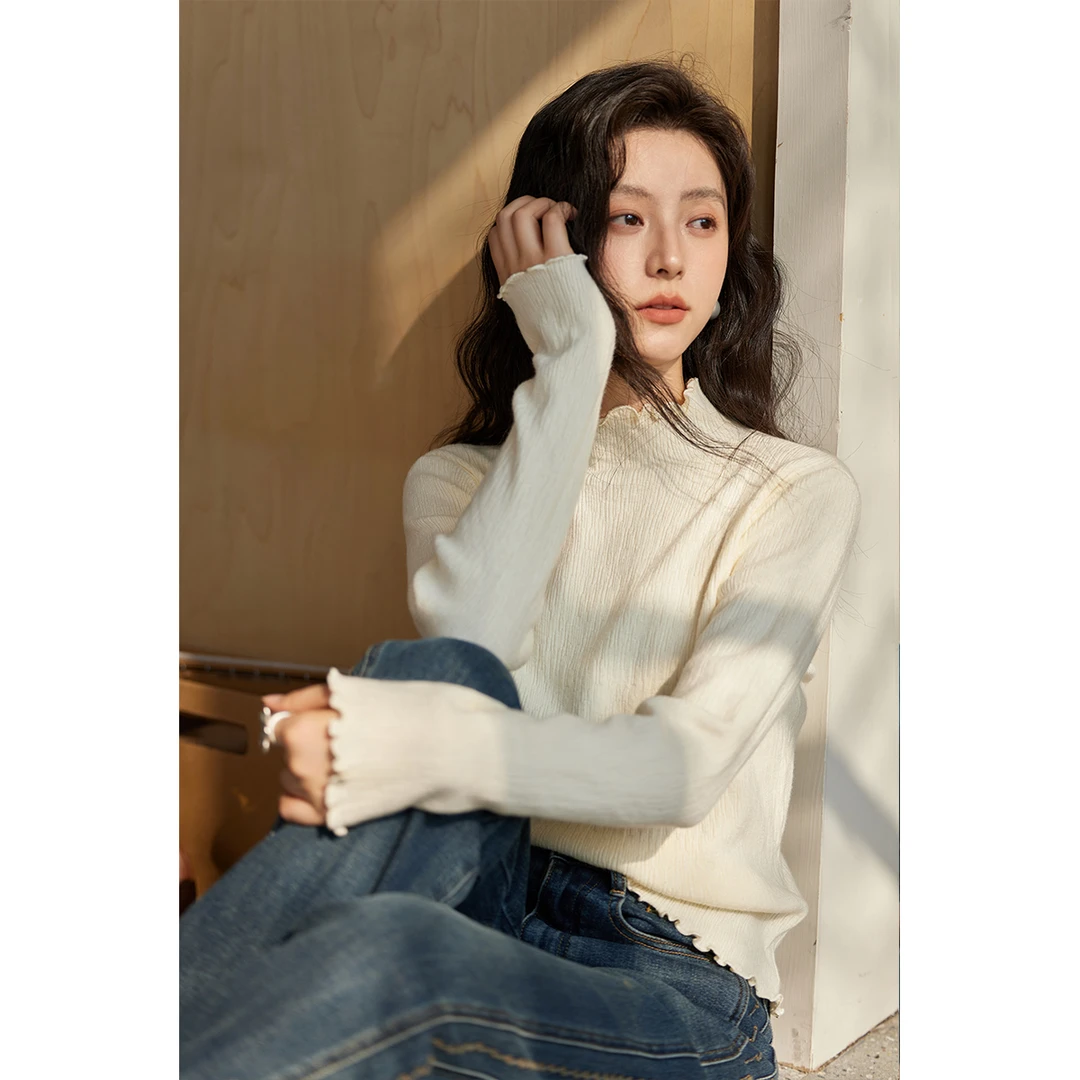 谜秀加厚木耳边半高领打底针织衫秋冬季修身显瘦百搭内搭气质长袖