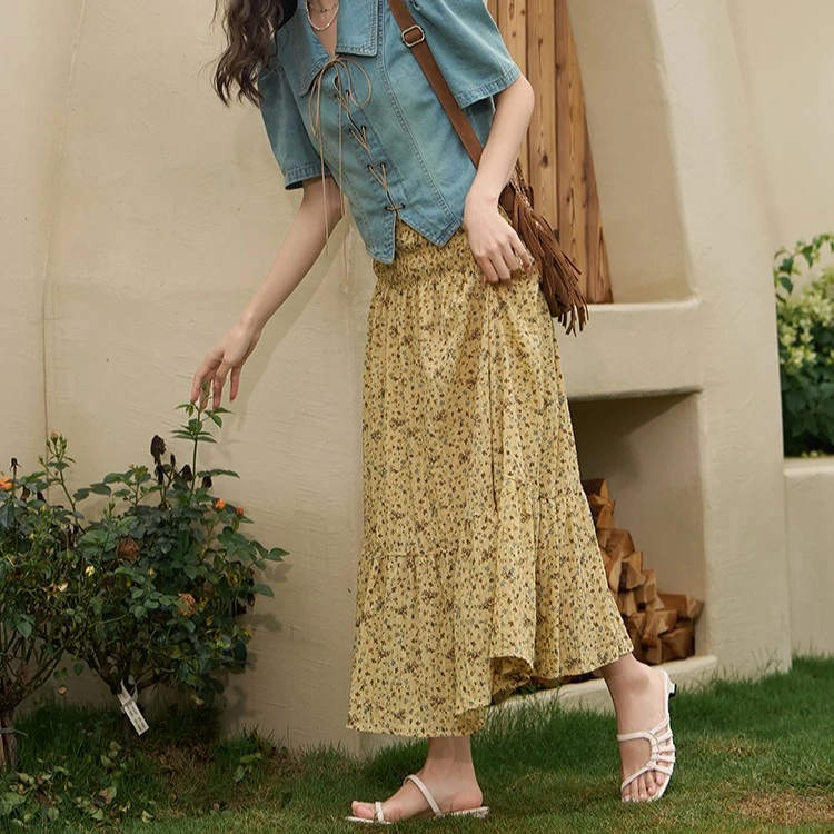 谜秀黄色百搭夏季碎花半身裙女高腰显瘦中长款百褶裙子宽松复古