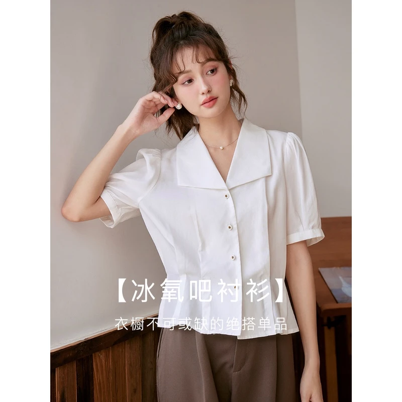 【年中大促】谜秀衬衫女2023夏季新款韩版纯色泡泡袖翻领显瘦短袖
