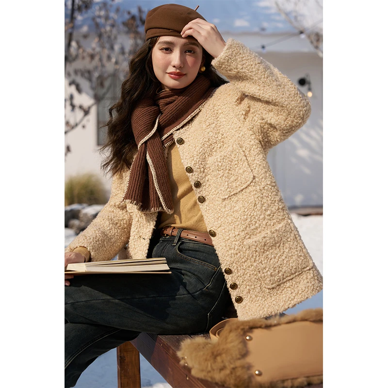 谜秀女士户外保暖小香风毛呢大衣短秋冬羊羔绒皮毛一体MXC52W0176