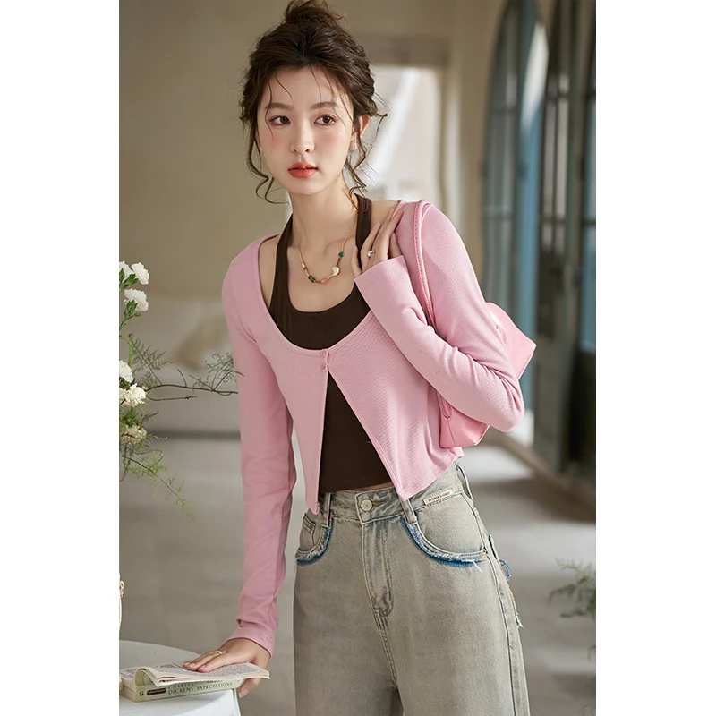 【年中大促】谜秀设计感假两件挂脖洋气开衫2024春季休闲长袖T恤