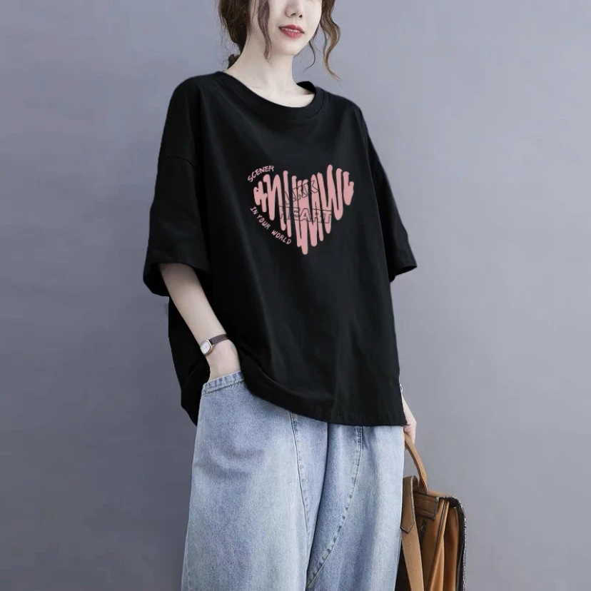 纯棉大码t恤短袖女洋气减龄宽松显瘦韩版印花上衣休闲胖mm体恤衫
