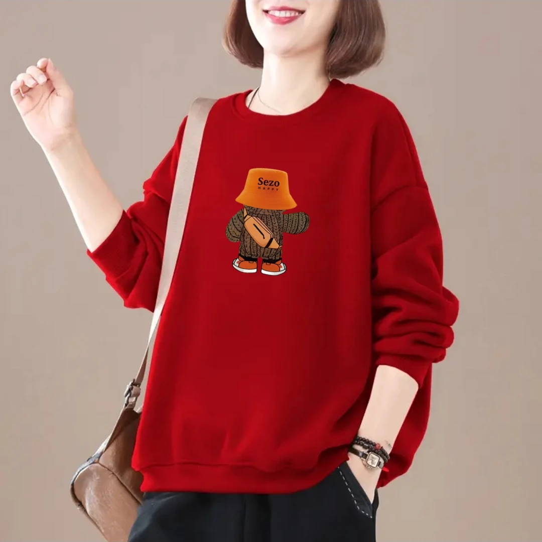 加绒加厚圆领卫衣女秋冬季新款韩版洋气减龄大码胖mm休闲宽松上衣