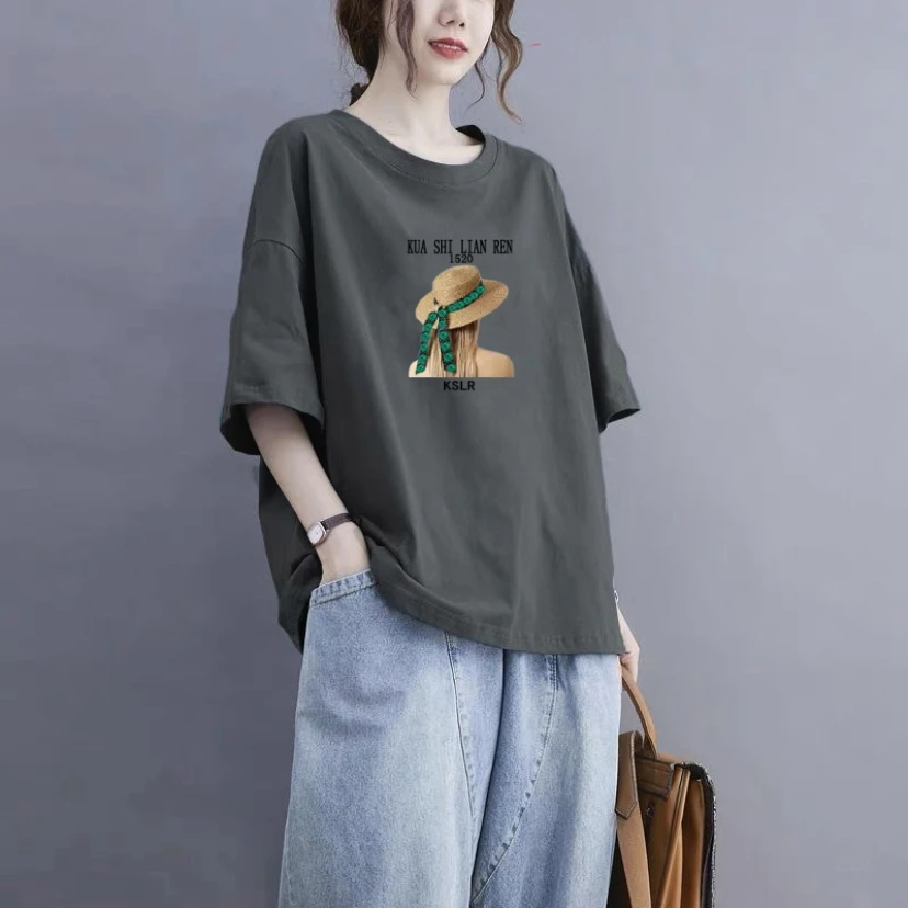 100%纯棉短袖t恤女胖mm大码女装新款设计感ins潮宽松休闲圆领上衣