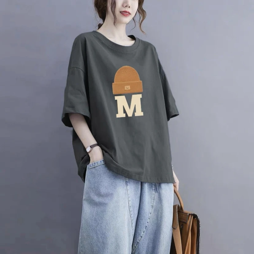 纯棉圆领上衣短袖t恤女宽松显瘦2024新款韩版洋气减龄休闲体恤衫