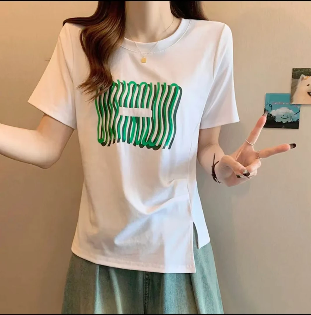 3506（丹姐家）圆领短袖T恤新款时髦印花弧形边大码胖妹妹显瘦上衣