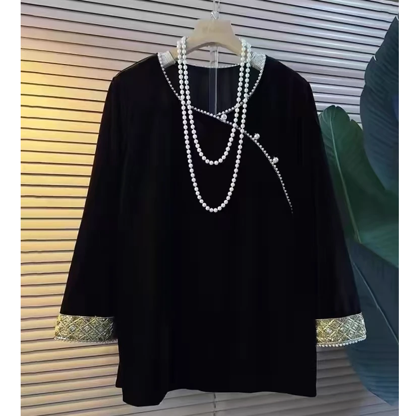 2092（丹姐家）国潮钉珠丝绒大码长袖宽松洋气显瘦上衣