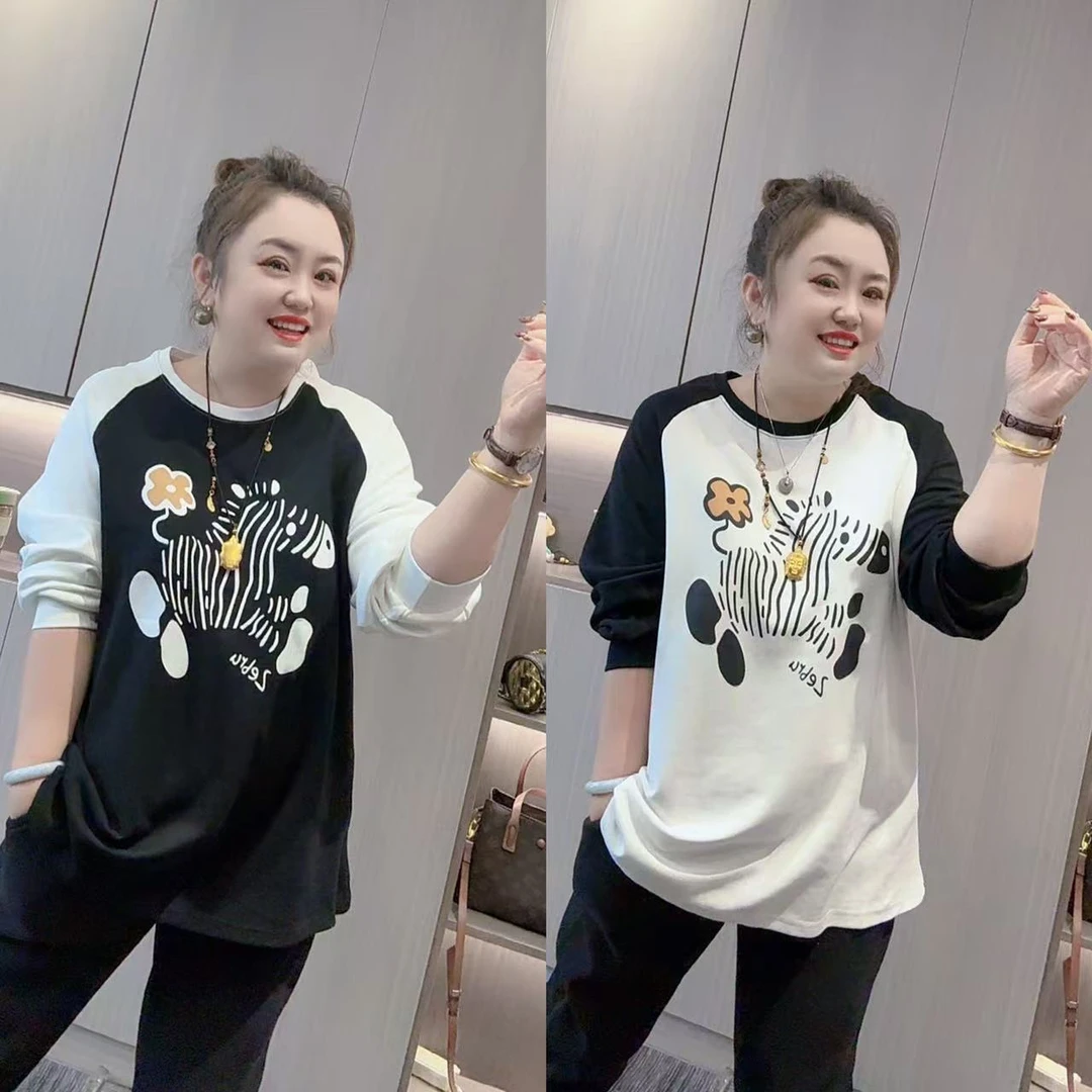 3538（丹姐家）斑马黑白拼接T恤上衣卫衣宽松内搭圆领百搭时尚卡通