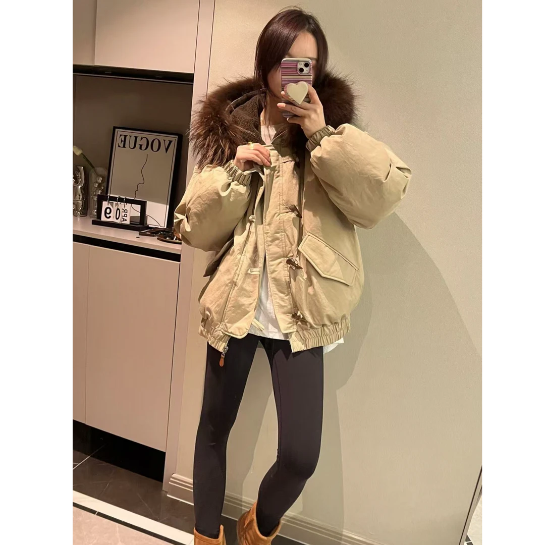 厚款绒绒外套帽子带毛毛羔羔毛外套牛角扣百搭宽松