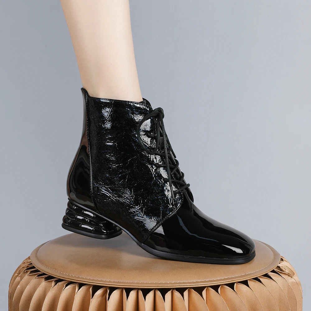 2024年新款欧美时尚系带圆头短靴粗跟不累脚加绒短靴5117