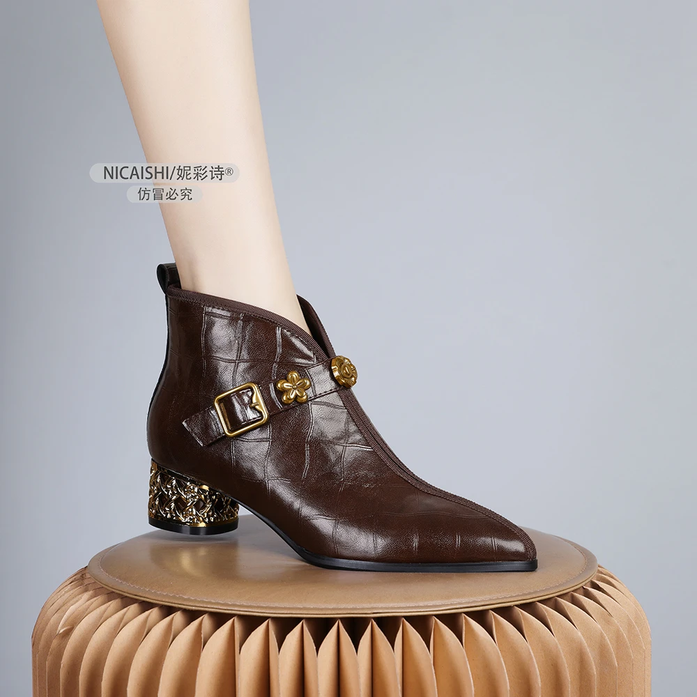 2024年新款欧美风气质尖头简约通勤侧拉链粗跟洋气短靴女显瘦0619