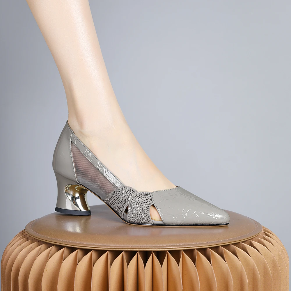 妮彩诗2024年法式温柔舒适低跟女鞋透气网纱粗跟百搭尖头单鞋2238