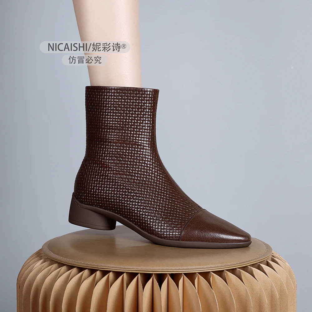 2024年新款法式复古尖头气质短靴时尚粗跟侧拉链加绒舒适女靴0892